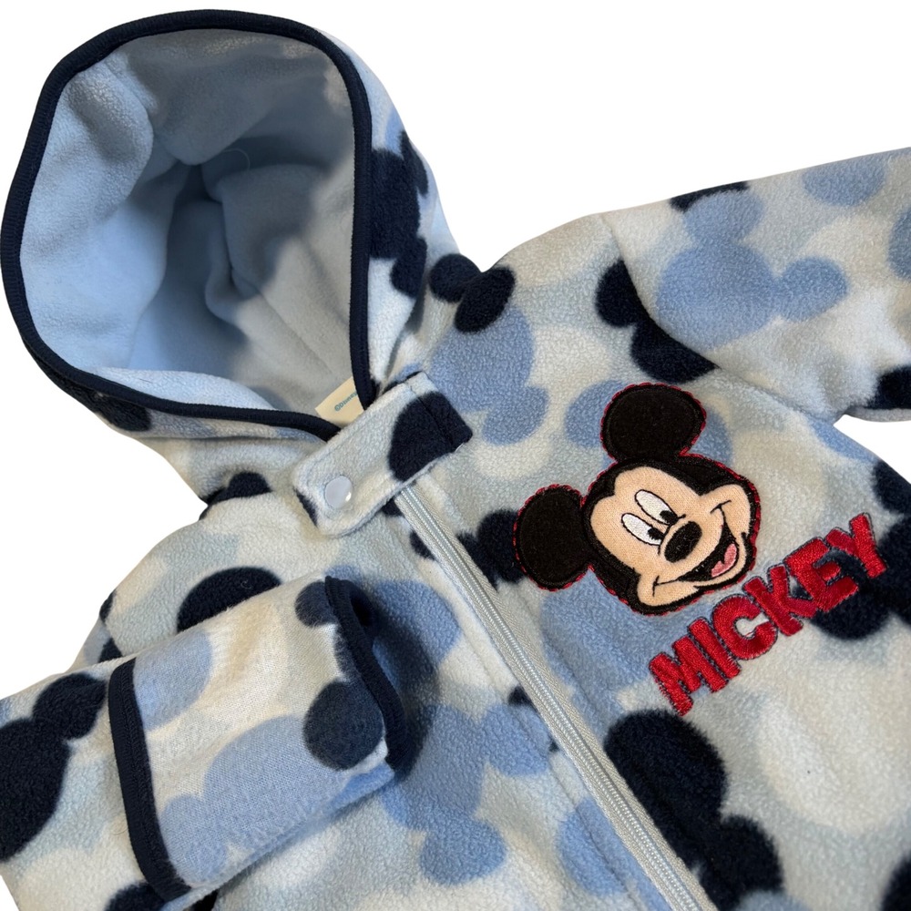 Disney Pram Suit Baby 0/3M Blue Mickey Mouse Fleece Hooded Bunting Footed